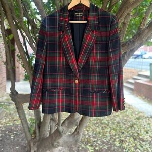 Classic Wool Plaid Blazer with Gold Buttons Preppy
